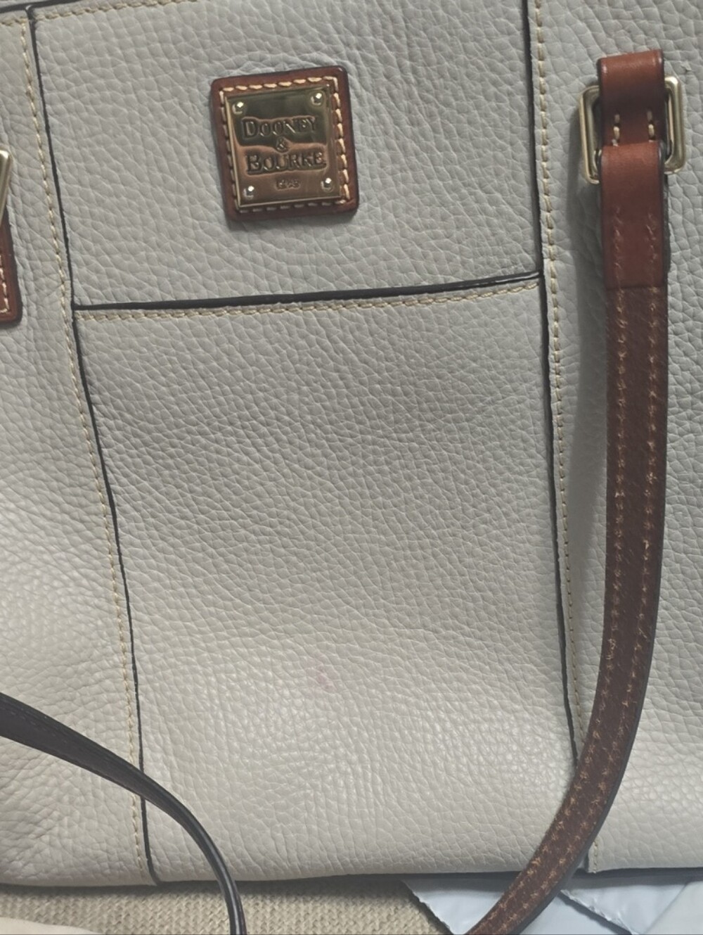 Dooney & Bourke Cream Leather Tote with Brown Trim and Gold Hardware